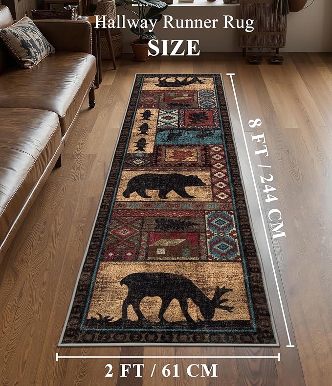 Rustic Cabin Runner Rug 2x8 Indoor Door Mat - Bear Non-Slip Entryway Runner Rug, Low Pile Tribal Print for Kitchen, Bedroom