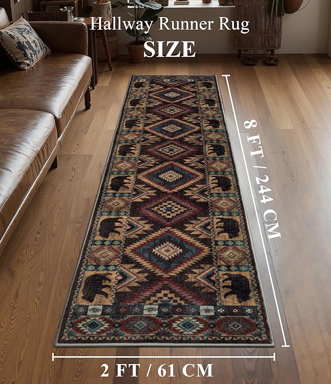 Hallway Runner Rug 2x8 Indoor Door Mat - Western Rug Bear Rustic Cabin Non-Slip Entryway Rug, Low Pile Tribal Print for Kitchen, Bedroom