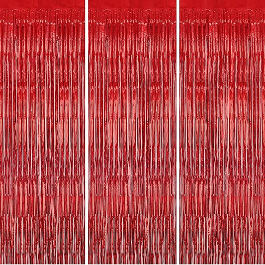 3 Pack Foil Fringe Backdrop - Red Shiny Tinsel Curtains for Party Decoration/Photo Booth Props - 3.3x8.2 FT Metallic Foil Backdrop for Birthday, Wedding, Graduation, Christmas.