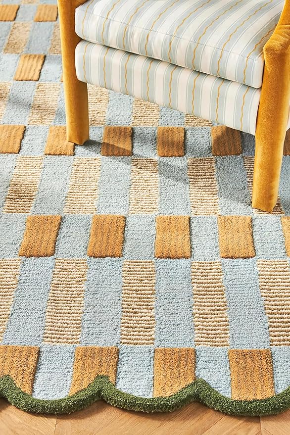 Hand-Tufted Wool Rug with Scalloped Edges, Light Blue Plaid Pattern, Cozy Soft Area Rug for Living Room, Bedroom, and Nursery, Handmade Modern Accent Rug, 2.5x10 Ft (Runner)