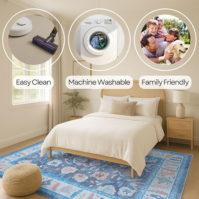 Fame Rugs Blue Modern Oushak Rug 2x3, Vintage Doormat Turkish Colorful Oriental Antique Inspired Washable Small Area Rug, Luxury Living Room Bedroom (387BNB, 2' x 3')