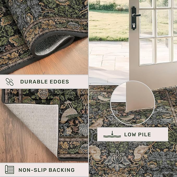 10 ft Long Vintage Runner Rugs for Hallways - 3x10 Wide Kitchen Runners, Entryway Rug, with Flowers and Leaves, Washable Non Slip Low Pile