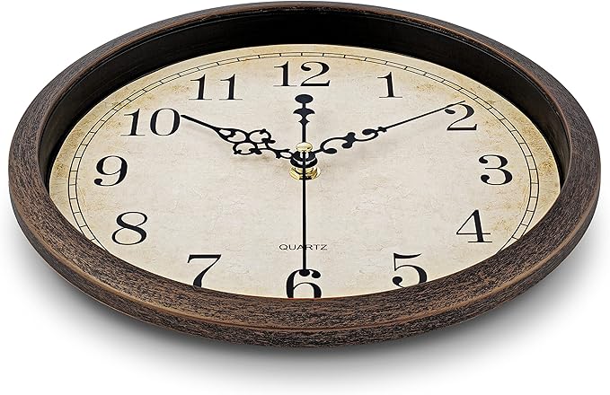 Bernhard Products Vintage Brown Wall Clock Silent Non Ticking 10 Inch Quality Quartz Battery Operated Round Decorative Easy to Read for Home Kitchen Living/Dining Room Bedroom Office Classroom School