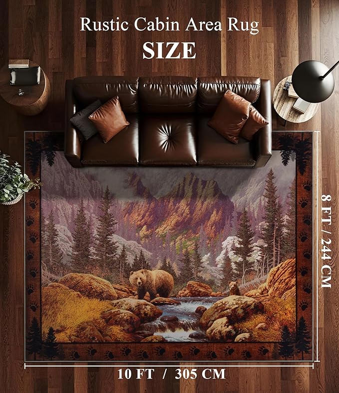 YIHOUSE Rustic Cabin Area Rug for Bedroom 8x10,Machine Washable Woodland Bear Rug,Non-Slip Low Pile Print Pattern Wildlife Rug for Living Room