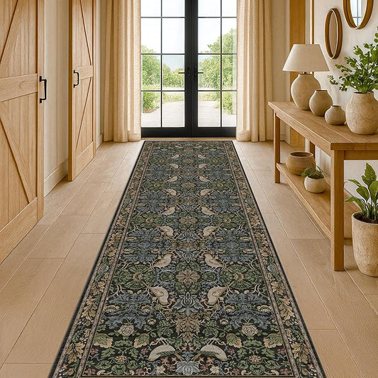 10 ft Long Vintage Runner Rugs for Hallways - 3x10 Wide Kitchen Runners, Entryway Rug, with Flowers and Leaves, Washable Non Slip Low Pile