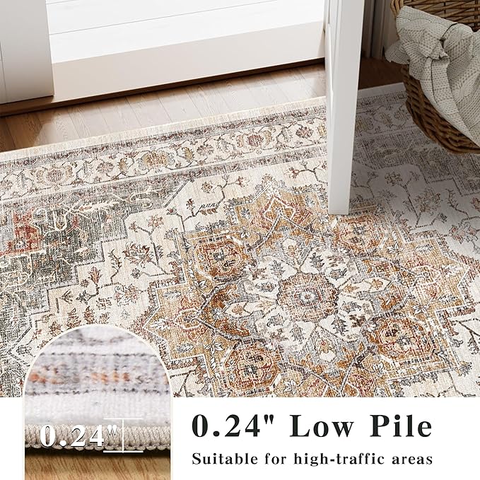 5x7 Area Rugs for Living Room Ultra-Soft Washable Rug Vintage Distressed Boho Area Rug, Non-Slip Retro Print Low Pile Stain Resistant Carpet for Bedroom Dining Room Kitchen Office