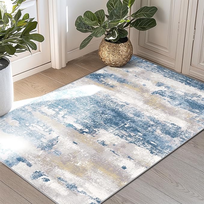 1'5''x2'5'' Rugs for Entryway Entrance Kitchen Bathroom, Machine Washable Modern Abstract Soft Small Rug, Low Pile Indoor Floor Carpet with Non Slip Backing, Blue Cream