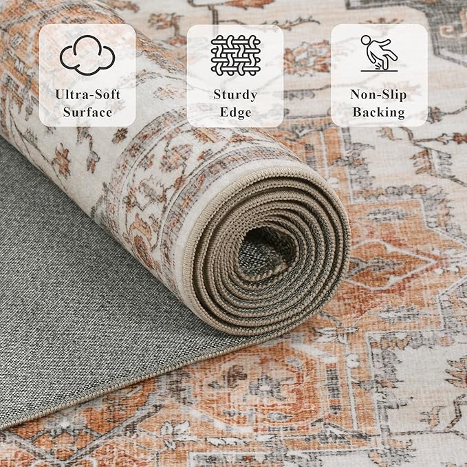 6x9 Area Rugs for Living Room Ultra-Soft Washable Rug Vintage Distressed Boho Area Rug, Non-Slip Retro Print Low Pile Stain Resistant Carpet for Bedroom Dining Room Kitchen Office