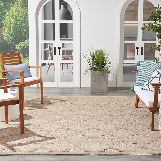 Nourison Home Easy Care Moroccan Natural Beige 7' x 10' Area Rug, Trellis, Easy Cleaning, Non Shedding, Bed Room, Living Room, Dining Room, Backyard, Deck, Patio (7x10)