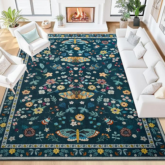 6x9 Rug for Living Room, Washable Area Rugs for Bedroom, Soft Non Slip Indoor Low Pile Carpet for Dining Room, Large Throw Floral Butterfly Carpets for Office Nursery Home Decor, Dark Green