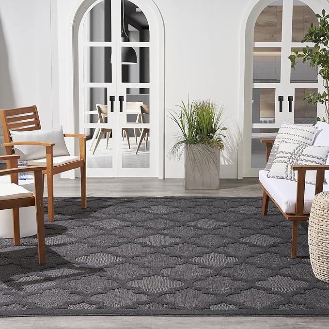 Nourison Home Easy Care Indoor/Outdoor Charcoal Black 10' x 14' Area Rug, Easy Cleaning, Non Shedding, Bed Room, Living Room, Dining Room, Backyard, Deck, Patio (10x14)