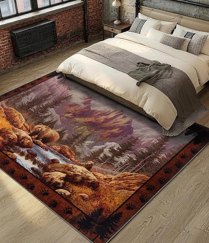 YIHOUSE Rustic Cabin Area Rug for Bedroom 5x7,Machine Washable Woodland Bear Rug,Non-Slip Low Pile Print Pattern Mountain Rug for Living Room
