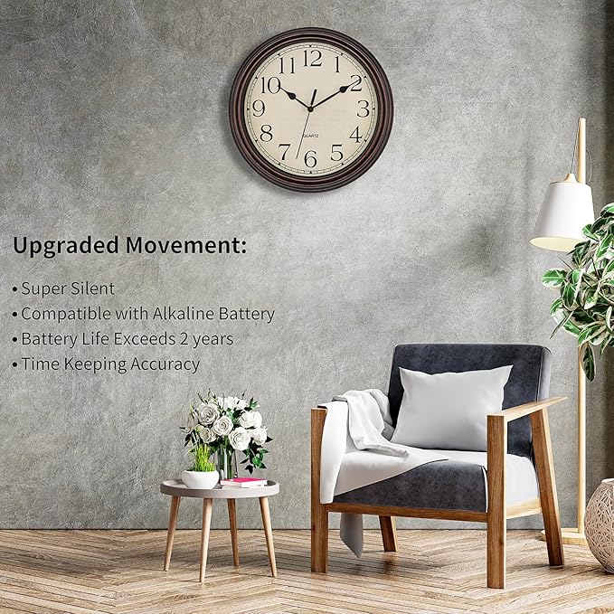 Foxtop 14 Inch Wall Clock Battery Operated Silent Non-Ticking Round Classic Vintage Retro Wall Clock Decorative for Living Room Kitchen Home Office (Bronze)
