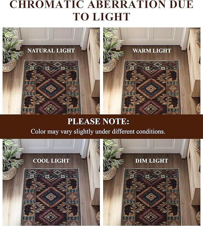 Hallway Runner Rug 2x6 Indoor Door Mat -Western Rug Bear Rustic Cabin Non-Slip Entryway Rug, Low Pile Tribal Print for Kitchen, Bedroom