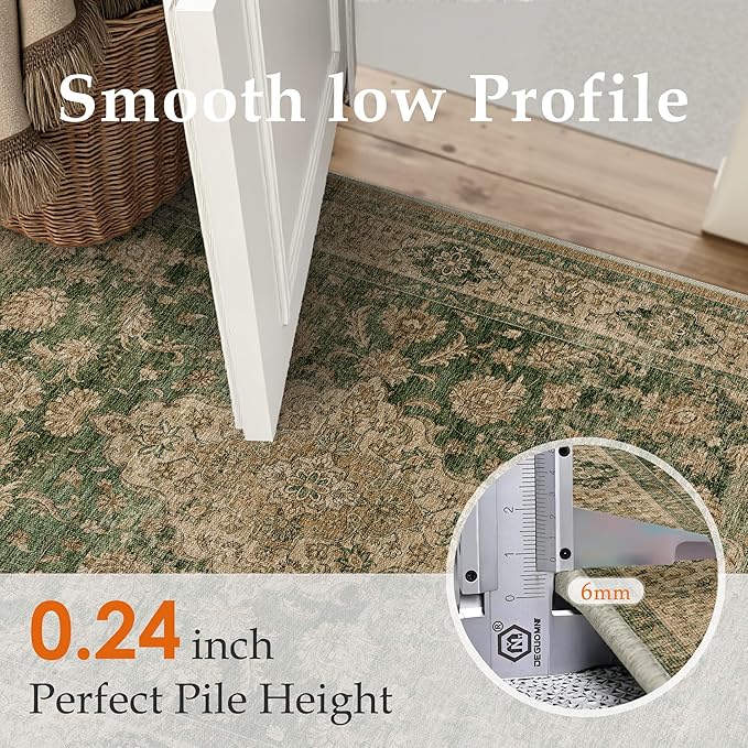 HUGEAR Round Rug 4ft Entryway Rugs Machine Washable Retro Green Hallway Area Rug 4x4 Small Circle Accent Rug Floral Low Pile Carpet Soft Throw Rug Living Room Office Laundry Room Entrance Non Slip