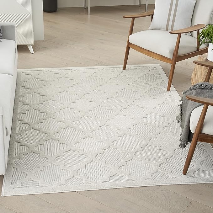 Nourison Home Easy Care Moroccan Ivory/White 5' x 7' Area Rug, Trellis, Easy Cleaning, Non Shedding, Bed Room, Living Room, Dining Room, Backyard, Deck, Patio (5x7)