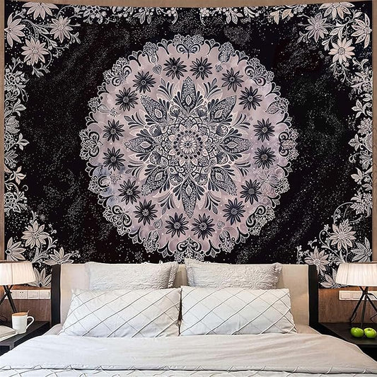 Fowocu Boho Floral Mandala Tapestry Wall Hanging Grey Bohemian Flower Medallion Tapestry Aesthetic Gray Black Hippie Indian Small Tapestries for Bedroom Living Room Dorm Decor 80 x 60 Inch