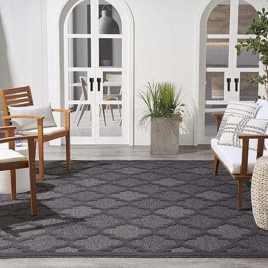 Nourison Home Easy Care Moroccan Charcoal/Black 8' x 10' Area Rug, Trellis, Easy Cleaning, Non Shedding, Bed Room, Living Room, Dining Room, Backyard, Deck, Patio (8x10)