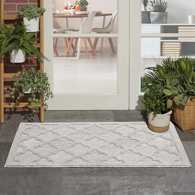 Nourison Home Easy Care Moroccan Silver Grey 2' x 4' Area Rug, Trellis, Easy Cleaning, Non Shedding, Bed Room, Living Room, Dining Room, Backyard, Deck, Patio (2x4)