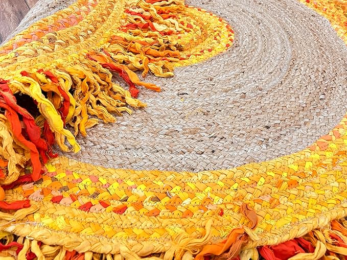 10' Round Handwoven Yellow Jute Chindi Area Rug, Multicolor Bohemian Rustic Throw Rugs for Farmhouse, Bedroom, Dining Room, Classroom, Hallway, Kitchen, Office