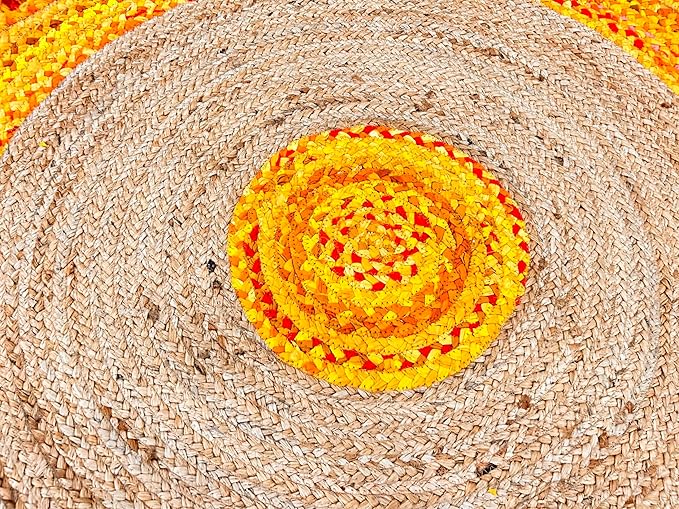 10' Round Handwoven Yellow Jute Chindi Area Rug, Multicolor Bohemian Rustic Throw Rugs for Farmhouse, Bedroom, Dining Room, Classroom, Hallway, Kitchen, Office