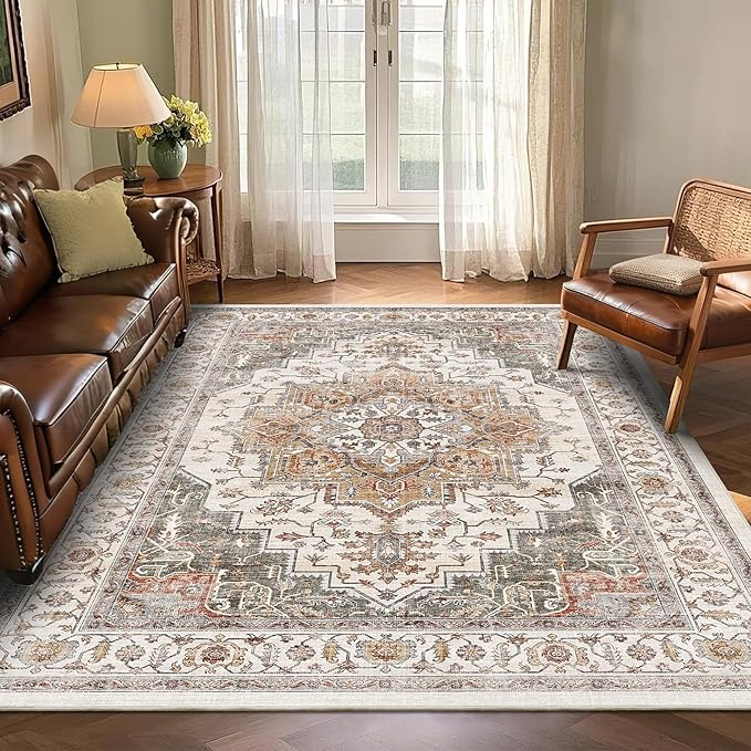 6x9 Area Rugs for Living Room Ultra-Soft Washable Rug Vintage Distressed Boho Area Rug, Non-Slip Retro Print Low Pile Stain Resistant Carpet for Bedroom Dining Room Kitchen Office