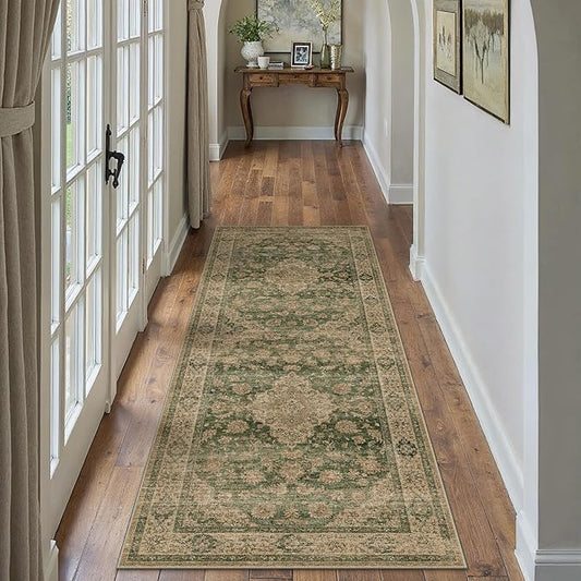 HUGEAR 2x5 Runner Rug Hallway Machine Washable Retro Green Vintage Floral Low Pile Carpet Distressed Long Throw Rug Bedroom Office Bathroom Kitchen Laundry Non Slip Soft Lightweight