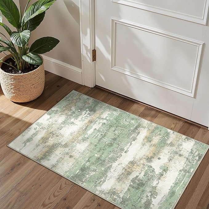 1'5''x2'5'' Rugs for Entryway Entrance Kitchen Bathroom, Machine Washable Modern Abstract Rug, Small Soft Low Pile Indoor Floor Mat with Non Slip Backing, Light Green