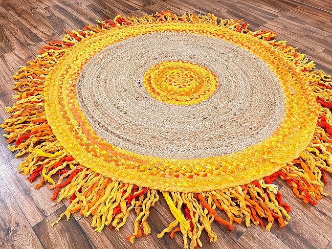 10' Round Handwoven Yellow Jute Chindi Area Rug, Multicolor Bohemian Rustic Throw Rugs for Farmhouse, Bedroom, Dining Room, Classroom, Hallway, Kitchen, Office