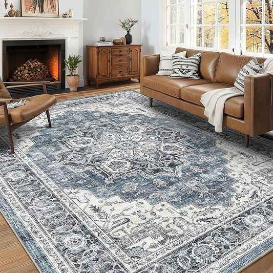 6x9 Area Rugs for Living Room Ultra-Soft Washable Rug Vintage Distressed Boho Area Rug, Non-Slip Retro Print Low Pile Stain Resistant Carpet for Bedroom Dining Room Kitchen Office