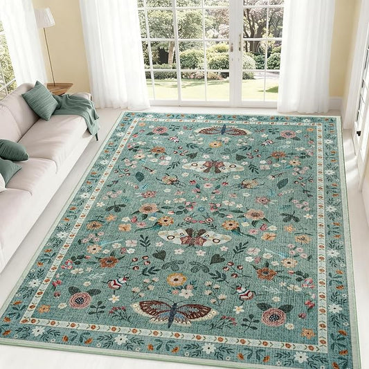 5x7 Rug for Living Room, Washable Area Rugs for Bedroom, Soft Non Slip Indoor Low Pile Carpet for Dining Room, Large Throw Floral Butterfly Carpets for Office Nursery Home Decor, Light Green