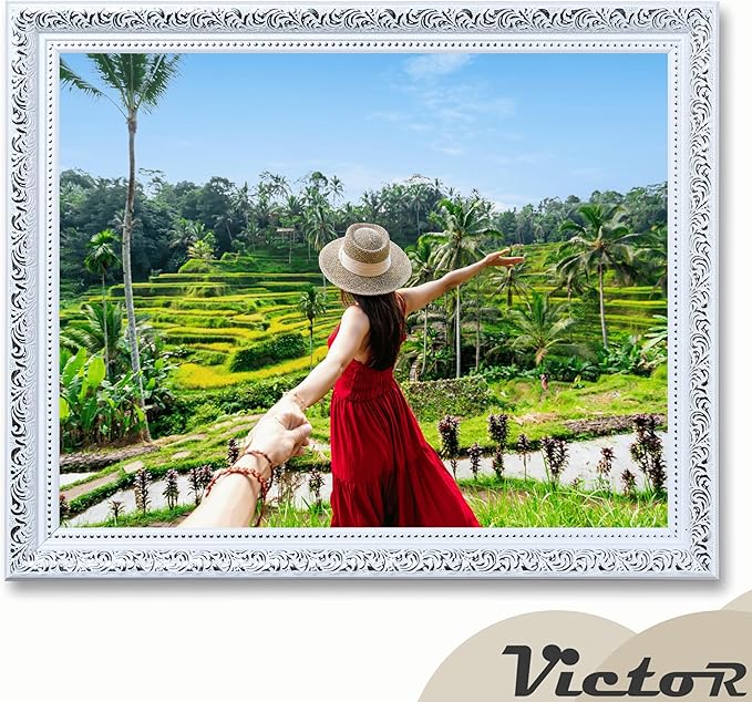 VictoR 11x14 Picture Frame Rubens White Silver - Picture Frames 11x14 - with Shutterproof Acrylic Glass - Antique - White 11 by 14 - only for hanging