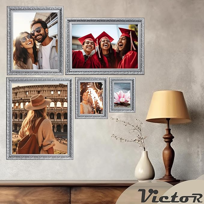 VictoR 8x12 Picture Frame Rubens Black Silver - Picture Frames 8x12 - with Shutterproof Acrylic Glass - Antique - Black 8 by 12 - only for hanging