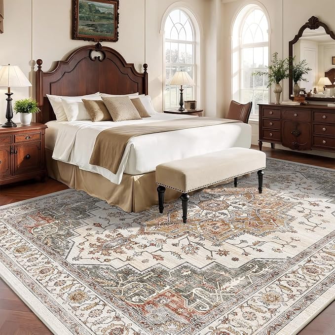 9x12 Large Area Rugs for Living Room Ultra-Soft Washable Rug Vintage Distressed Non-Slip Low Pile Stain Resistant Carpet for Bedroom Dining Room Kitchen Office