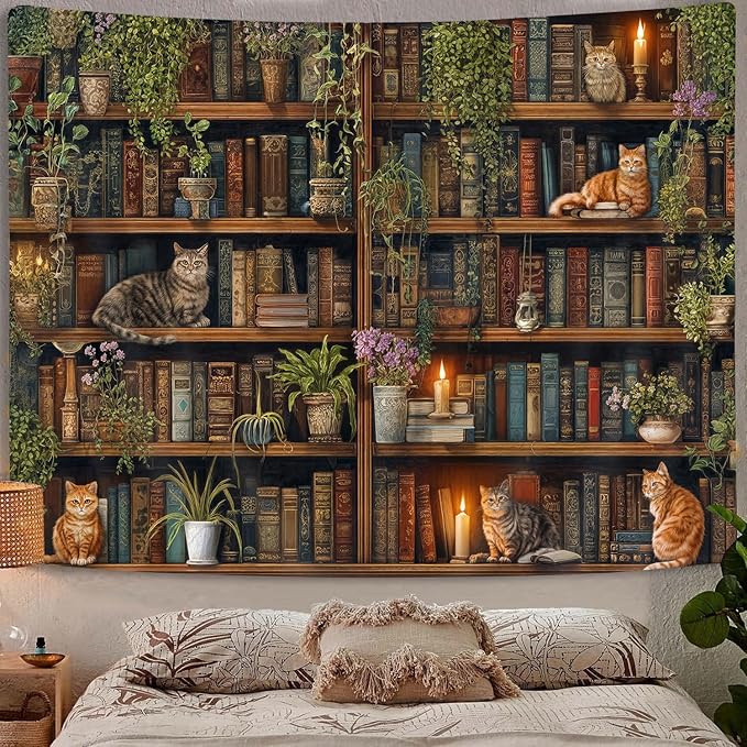 GOAOK Magic Library Tapestry, Green Nature Plant Bookshelf Tapestries for Classroom, Vintage Retro Witchy Library Book Gothic Academics Cat Tapestry for Bedroom Living Room Dorm Office 40X30 Inch