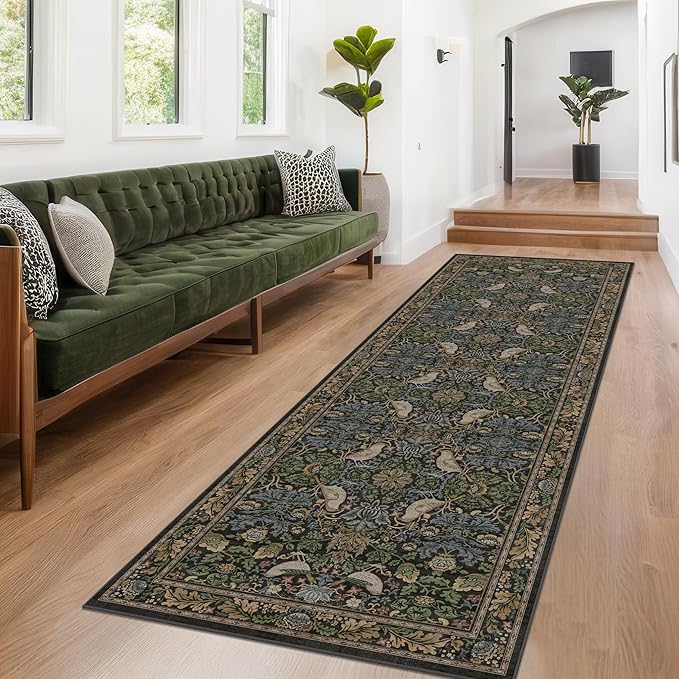 10 ft Long Vintage Runner Rugs for Hallways - 3x10 Wide Kitchen Runners, Entryway Rug, with Flowers and Leaves, Washable Non Slip Low Pile