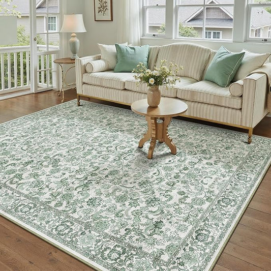 HUGEAR Green Area Rug 5x7 Machine Washable Living Room Rugs Distressed Neutral Vintage Floral Low Pile Carpet Bedroom Office Dining Room Laundry Room Non Slip Soft Lightweight