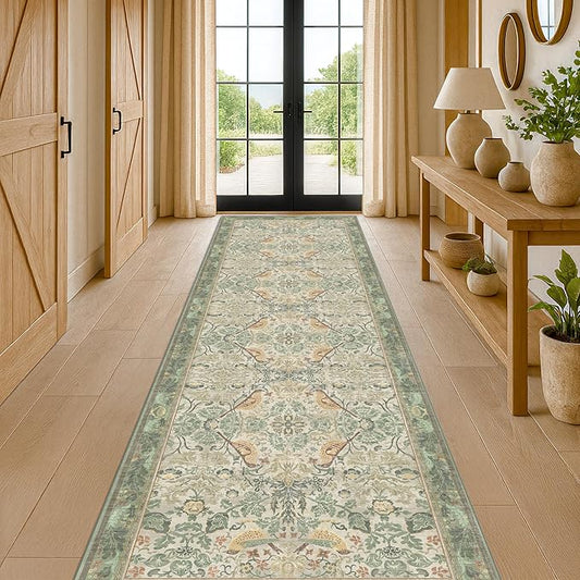 10 ft Long Sage Runner Rugs for Hallways - 3x10 Wide Kitchen Runners, Entryway Rug, with Flowers and Leaves, Washable Non Slip Low Pile