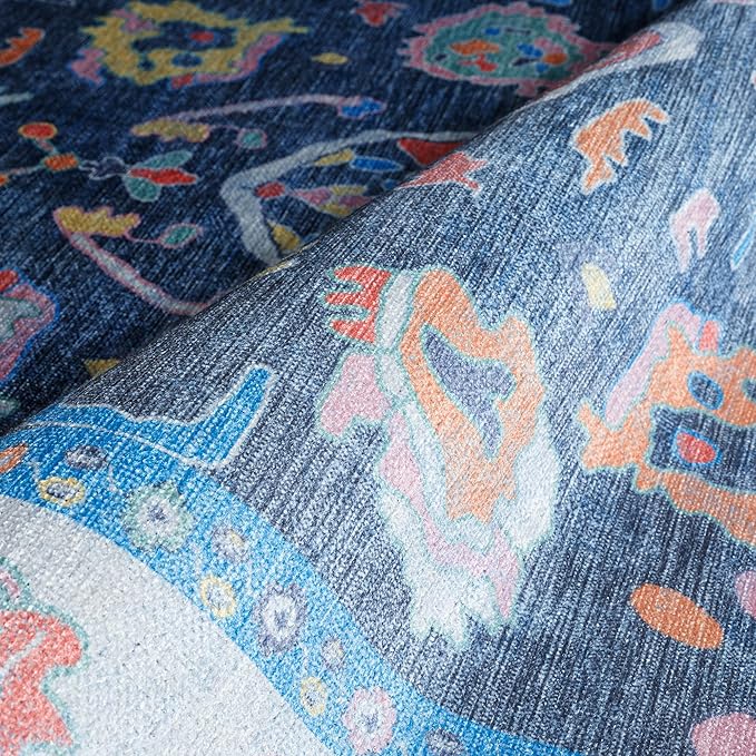 Fame Rugs Blue Modern Oushak Rug 2x3, Vintage Doormat Turkish Colorful Oriental Antique Inspired Washable Small Area Rug, Luxury Living Room Bedroom (387BNB, 2' x 3')