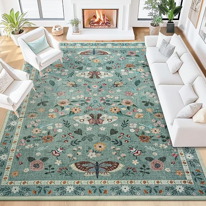 8x10 Rug for Living Room, Washable Area Rugs for Bedroom, Soft Non Slip Indoor Low Pile Carpet for Dining Room, Large Throw Floral Butterfly Carpets for Office Nursery Home Decor,Light Green