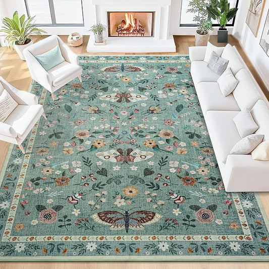 6x9 Rug for Living Room, Washable Area Rugs for Bedroom, Soft Non Slip Indoor Low Pile Carpet for Dining Room, Large Throw Floral Butterfly Carpets for Office Nursery Home Decor, Light Green