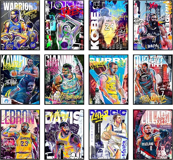 BigWig Prints Basketball Posters - Nba Posters, Basketball Room Decor, Nba Room Decor, Steph Curry, Kobe Bryant Wall Art, Kevin Durant, Lebron Wall Art, Warriors, Lakers - Unframed Set of 12 (8x10)