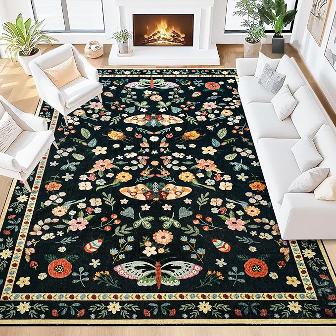5x7 Area Rug for Living Room, Washable Rugs for Bedroom, Soft Thin Non Slip Indoor Low Pile Carpet for Dining Room, Large Throw Floral Butterfly Carpets for Office Nursery Home Decor, Black