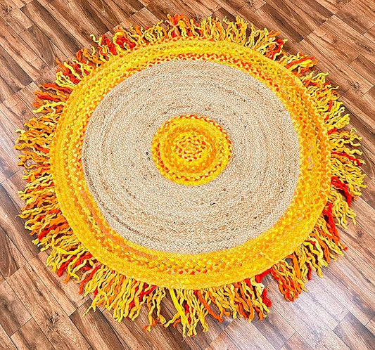 10' Round Handwoven Yellow Jute Chindi Area Rug, Multicolor Bohemian Rustic Throw Rugs for Farmhouse, Bedroom, Dining Room, Classroom, Hallway, Kitchen, Office