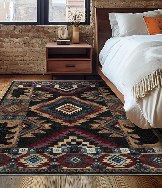 YIHOUSE Rustic Cabin Area Rug 4x6,Machine Washable Lodge Bear Rug,Non-Slip Low Pile Print Pattern Western Aztec Rug for Living Room Bedroom