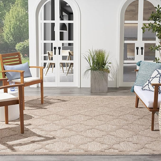 Nourison Home Easy Care Moroccan Natural Beige 8' x 10' Area Rug, Trellis, Easy Cleaning, Non Shedding, Bed Room, Living Room, Dining Room, Backyard, Deck, Patio (8x10)