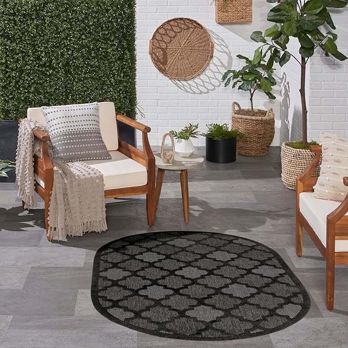 Nourison Home Easy Care Indoor/Outdoor Charcoal Black 6' x 9' Oval Area Rug, Easy Cleaning, Non Shedding, Bed Room, Living Room, Dining Room, Backyard, Deck, Patio (6x9)