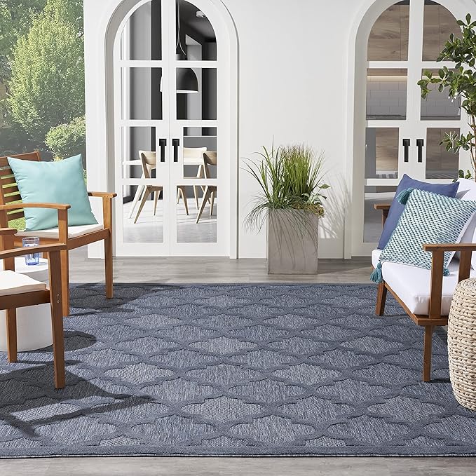 Nourison Home Easy Care Moroccan Navy Blue 8' x 10' Area Rug, Trellis, Easy Cleaning, Non Shedding, Bed Room, Living Room, Dining Room, Backyard, Deck, Patio (8x10)