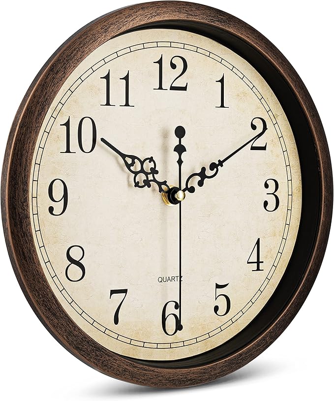 Bernhard Products Vintage Brown Wall Clock Silent Non Ticking 10 Inch Quality Quartz Battery Operated Round Decorative Easy to Read for Home Kitchen Living/Dining Room Bedroom Office Classroom School