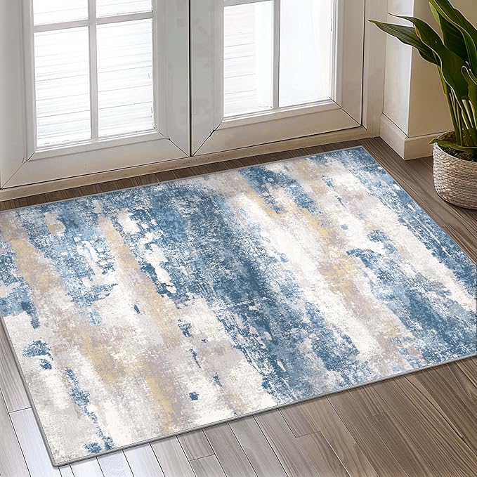 1'5''x2'5'' Rugs for Entryway Entrance Kitchen Bathroom, Machine Washable Modern Abstract Soft Small Rug, Low Pile Indoor Floor Carpet with Non Slip Backing, Blue Cream